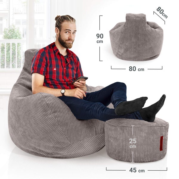 Green Bean Sitzsack mit Hocker aus Cord - Sitzsäcke für das Wohnzimmer, Schlafzimmer, Sitzsack-Sessel für Erwachsene Hellgrau
