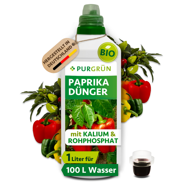 Purgrün Bio Paprika Dünger, 1 Liter Flasche für 100 Liter Gießwasser, mit Kalium und Rohphosphat, Hergestellt in Deutschland.
