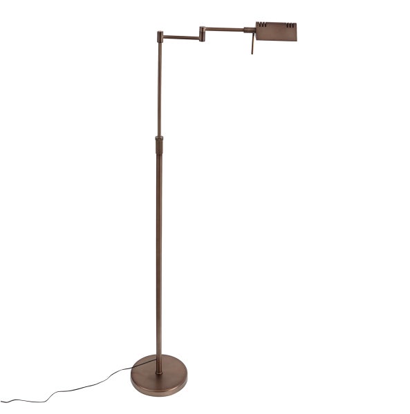 Stehleuchte aus Metall in Bronze-Optik mit verstellbarem Schwenkarm und rechteckigem Leuchtenkopf.