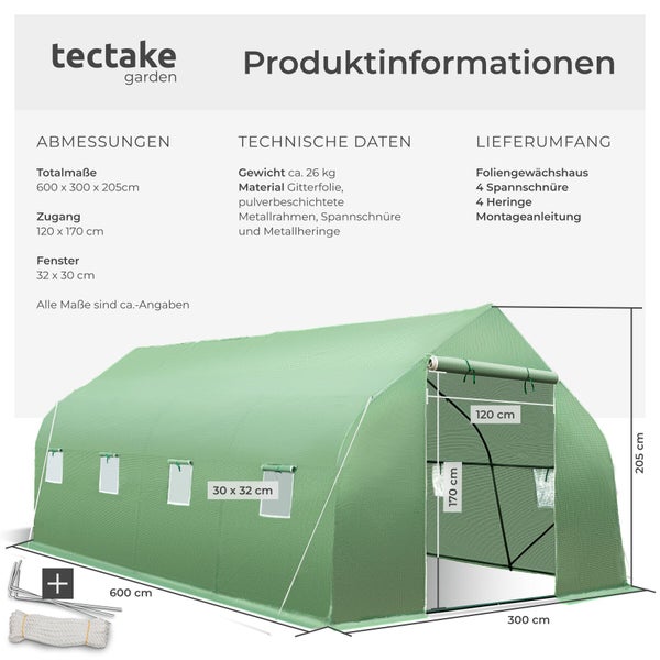 Produktinformationen für ein tectake Foliengewächshaus mit Maßen, technischen Daten, Lieferumfang und bemaßter Grafik.