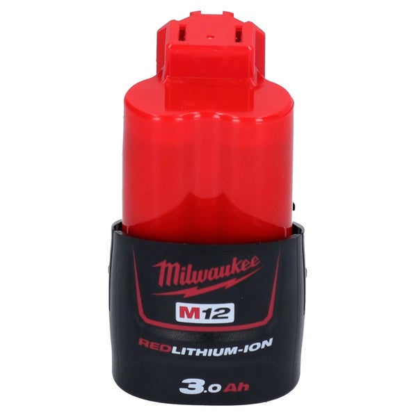 Milwaukee M12 Redlithium-Ionen-Akku, 3.0 Amperestunden, Farbe Rot und Schwarz.