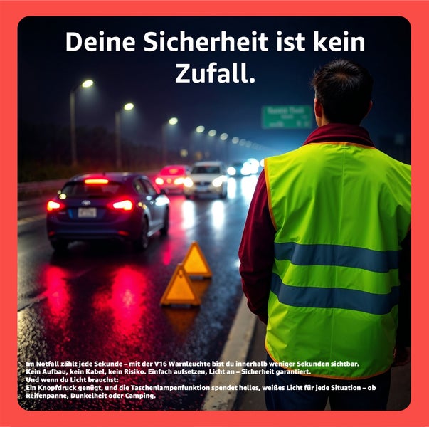 Szene auf einer dunklen Straße mit einem Mann in einer Warnweste und einem Warndreieck, der die Sicherheit betont.
