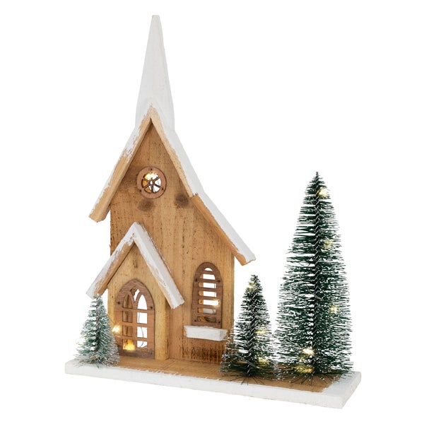 ECD Germany Holz-Weihnachtshaus mit LED-Beleuchtung, Warmweiß, 28x9x34 cm, batteriebetrieben, Timer, Deko Holzhaus 3 Tannen, Dekorative Winterhaus beschneit, Weihnachtsdeko Innen, Weihnachtsdekoration