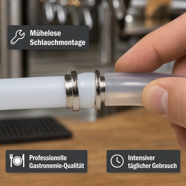 Rohrverbindung für Bieranlagen mit Hinweisen auf robustes Material und Rostbeständigkeit.