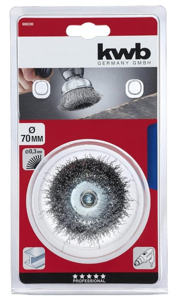 kwb Topf-Bürste grob, gewellt, HSS-Stahldraht, Ø 75 mm für Metall und Stein, Drahtbürste für Bohr-Maschine inkl. E6.3 Sechskant-Schaft, zum Entrosten, Entzundern, Aufrauen und Reinigen