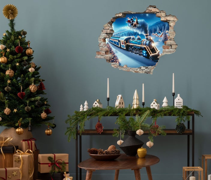 3D Wanddurchbruch selbstklebender Sticker Weihnachtsmann im Zug WS16025_60x50 cm Weihnachten Deko für die Wand