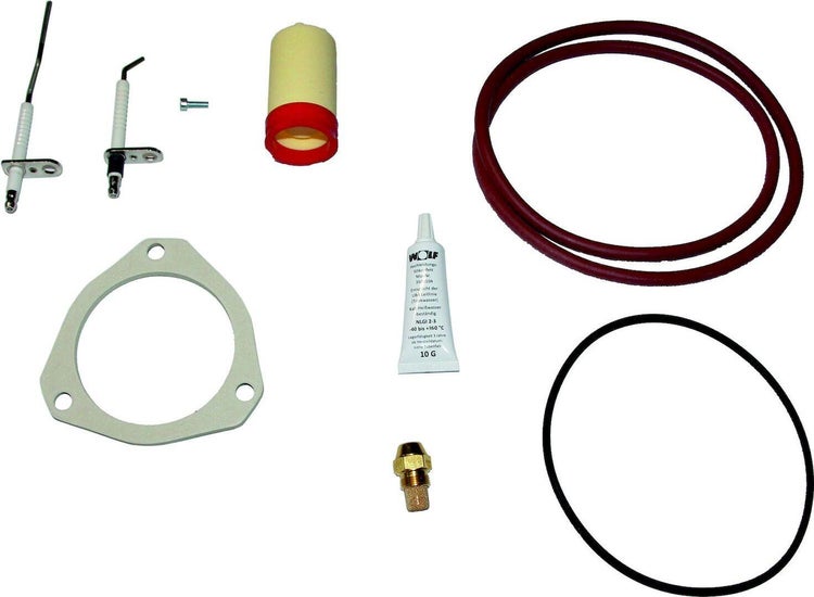 Wartungsset für Wolf Heiztherme bestehend aus Dichtungen, Elektroden, Silikonfett und Filter.