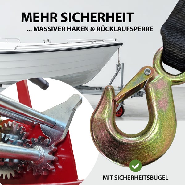 Bootsanhängerwinde mit Sicherheitsbügel, Rücklaufsperre und massivem Haken