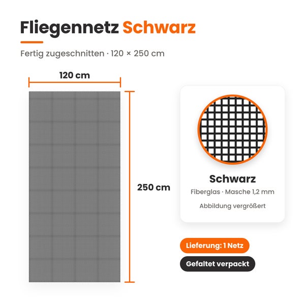 Fliegennetz aus Fiberglas in 120 mal 250 Zentimeter, Maschenweite 1,2 Millimeter, gefaltet verpackt.
