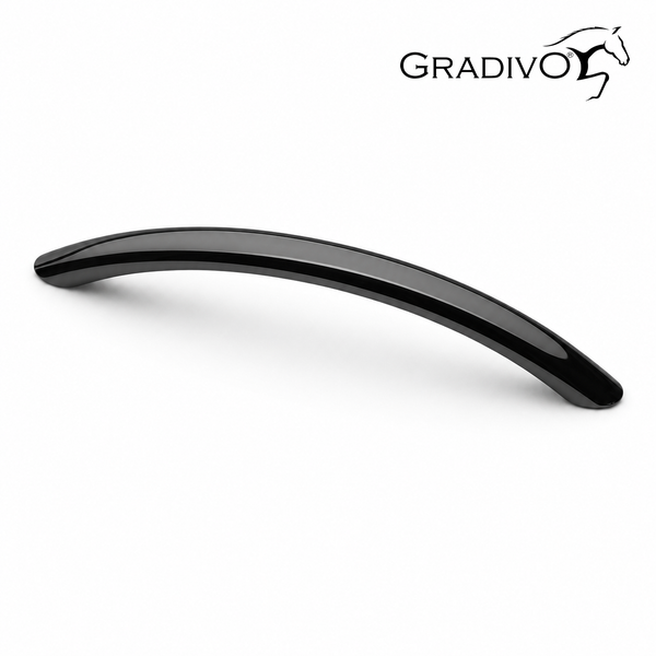 Gebogener Möbelgriff in glänzendem Schwarz und Gradivo Logo.