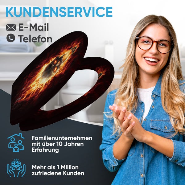 Toilettensitz mit brennendem Totenkopf-Motiv, Kundenservice per E-Mail und Telefon, zehn Jahre Erfahrung und über eine Million zufriedene Kunden.