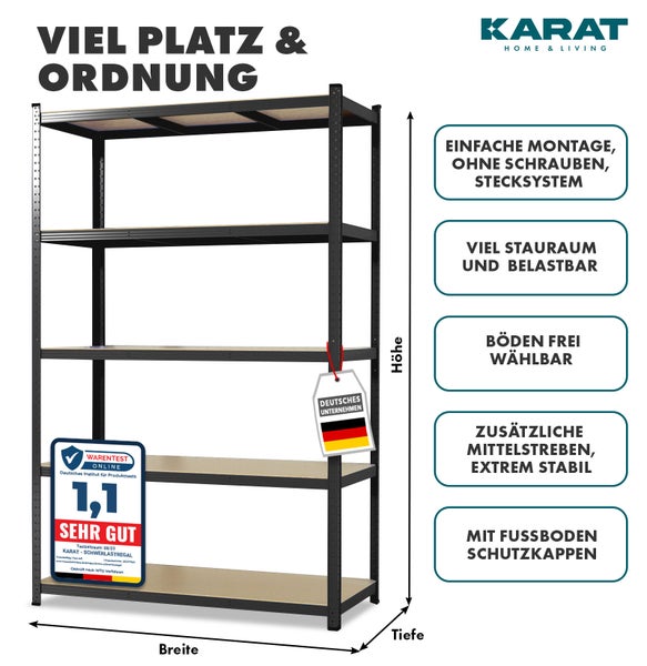 KARAT Schwerlastregal in Schwarz mit fünf Holzböden, sehr gute Testbewertung, schraubenloses Stecksystem, Mittelstreben und Bodenschutzkappen.
