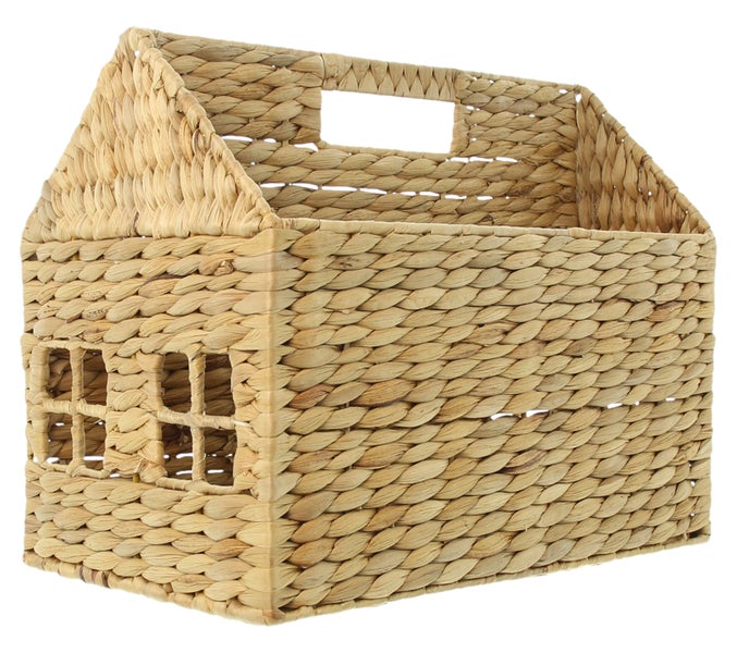 Dekorative Aufbewahrungskiste aus geflochtenem Material in Hausform