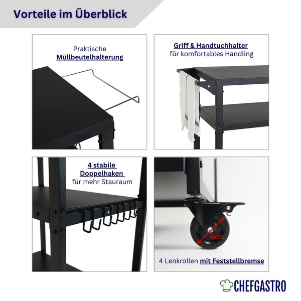 Merkmale eines schwarzen Metallwagens: Müllbeutelhalterung, Handtuchhalter, vier Doppelhaken für Zubehör und Lenkrollen mit Bremse. CHEFGASTRO Logo.
