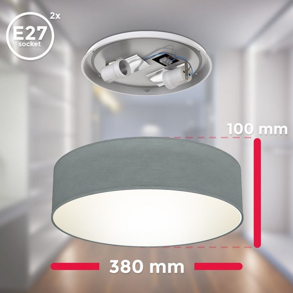 Deckenleuchte Ø38 cm - Stoffschirm, E27 Fassung, 2-flammig, grau
