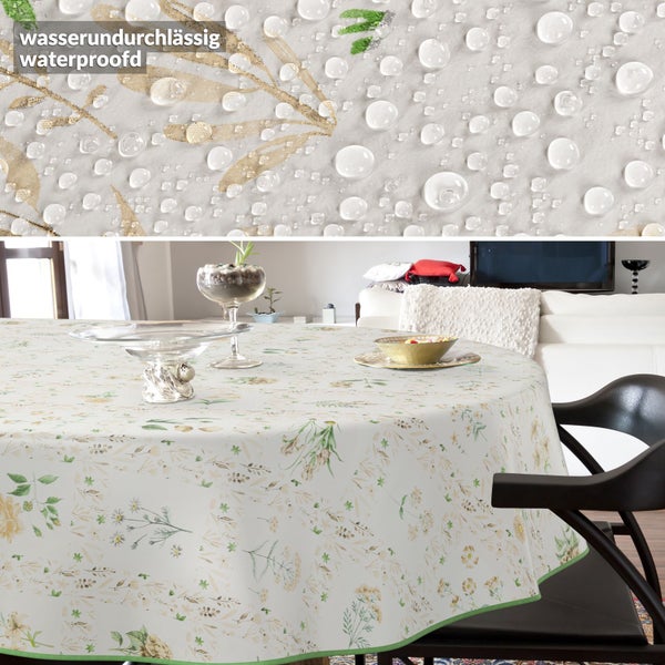 Wasserabweisende Tischdecke mit Blumenmuster auf einem Esstisch
