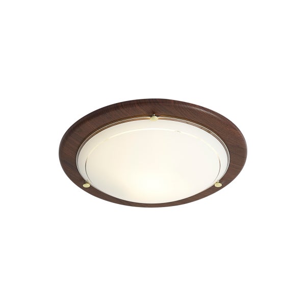 Runde Deckenleuchte mit dunkelbraunem Holzrahmen und weißer Glasabdeckung.