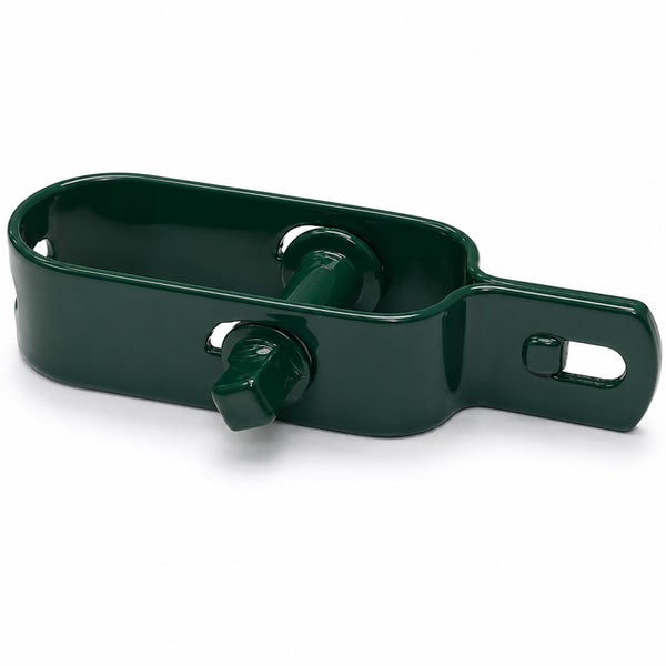 Drahtspanner aus grün beschichtetem Metall für Maschendrahtzäune.