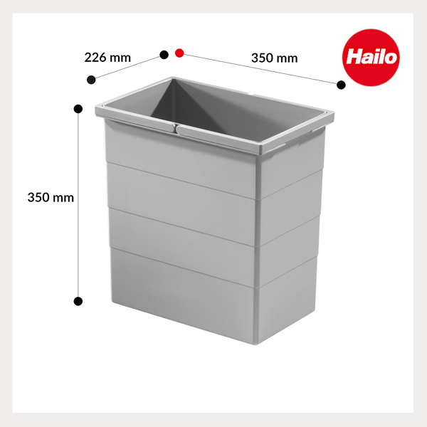 Grauer Kunststoffeimer mit den Maßen 226 Millimeter mal 350 Millimeter mal 350 Millimeter und Hailo Logo.