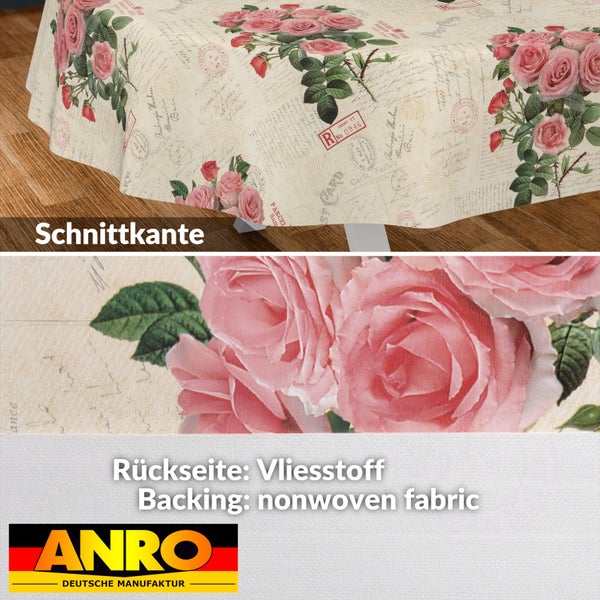 Wachstuchtischdecke mit Rosen- und Vintage-Postkartenmuster, Schnittkante und Vliesstoff-Rückseite, ANRO Logo.