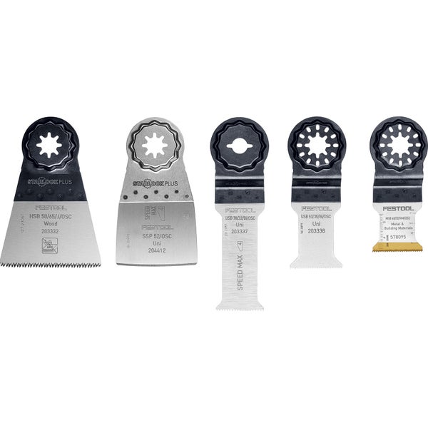 Fünf Festool Sägeblätter für oszillierende Werkzeuge mit Starlock Plus Aufnahme für verschiedene Materialien