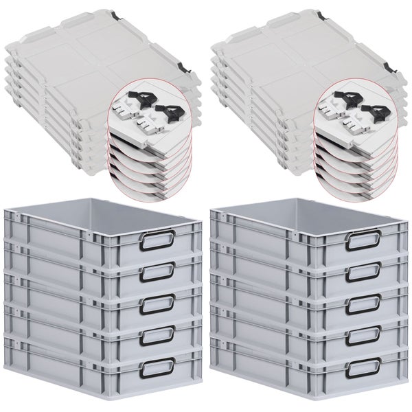 PROREGAL SuperSparSet 10x Eurobox NextGen Color mit Scharnierdeckel und Schiebeschnappverschlüssen, HxBxT 12x40x60cm, 23 Liter, Grau, Griffe schwarz geschlossen, Eurobehälter, Transportbox, Transportbehälter, Stapelbehälter
