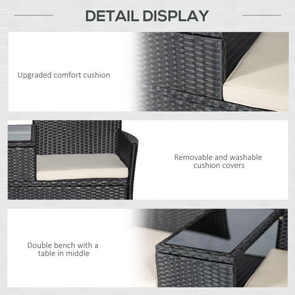 Outsunny Polyrattan Gartenbank, Gartensofa, 2-Sitzer, B133 x T63 x H84cm, Stahl, Schwarz