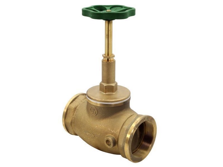 Freistromventil aus Messing mit grünem Handrad und Innengewinde.