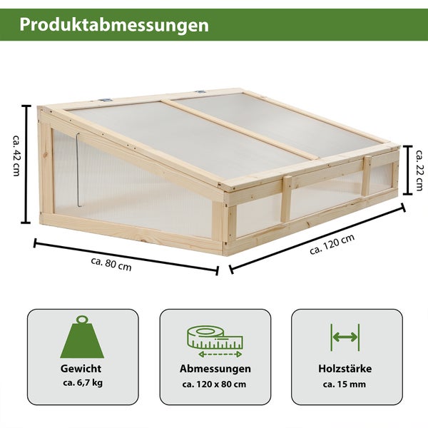 Frühbeetaufsatz aus Holz 120x80cm Gewächshaus für Hochbeet natur