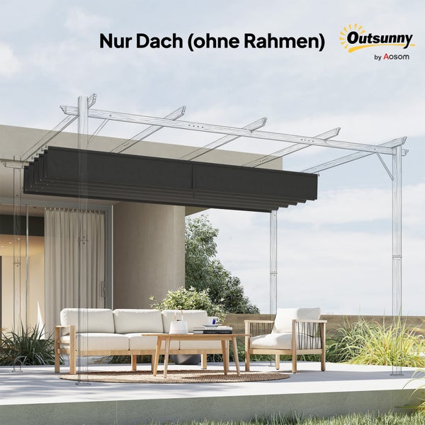 Outsunny Ersatzdach für Pergola aus dunklem Stoff auf einer Terrasse, nur das Dach ohne den Rahmen, Outsunny Logo.