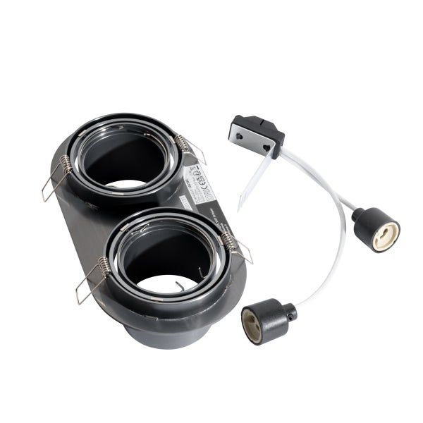 Doppelter Einbaustrahler in Anthrazit mit zwei GU10 Fassungen und Befestigungsfedern.