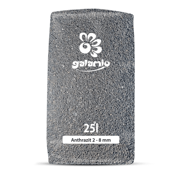 25 Liter Sack Galamio Ziersplitt Anthrazit mit einer Körnung von 2 bis 8 Millimeter, Galamio Logo.