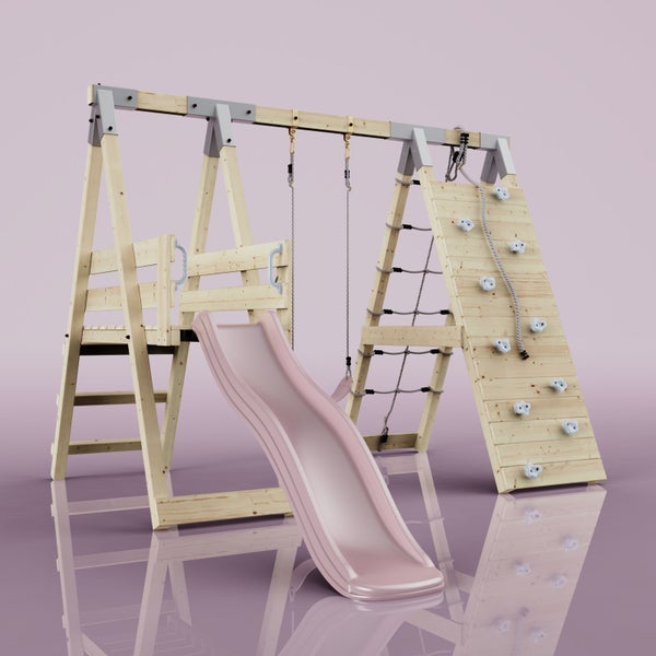 Klettergerüst aus Holz mit Schaukel, rosa Rutsche, Kletterwand und Seilnetz