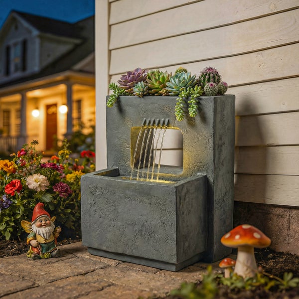 Beleuchteter Gartenbrunnen in Steinoptik mit integriertem Pflanzkasten und Wasserfall, dekoriert mit Sukkulenten, Gartenzwerg und Blumen.