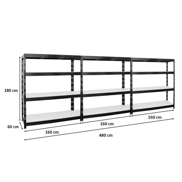 PROREGAL Mega Deal 3x Profi Schwerlastregal Rhino HxBxT 180 x 160 x 60 cm 4 Melamin-Ebenen 16mm Fachlast 500 kg Schwarz