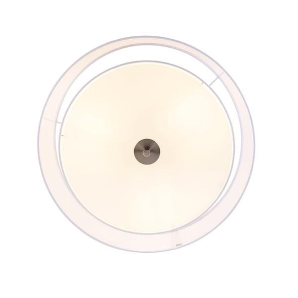 Runde Deckenleuchte von unten gesehen mit zwei konzentrischen Lampenschirmen aus Stoff und metallischem Mittelteil.