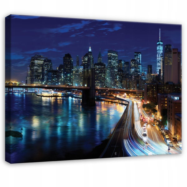 Leinwanddruck mit nächtlicher Skyline von New York mit Brücke und Stadtlichtern