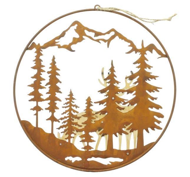Wanddeko aus Metall in runder Form mit Waldmotiv und Hirsch