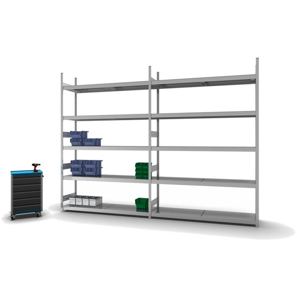 PROREGAL Weitspannregal Stecksystem T-Profil Grundregal HxBxT 300x200x50 cm 5 Ebenen Stahlplatten Fachboden Fachlast 350 kg Verzinkt