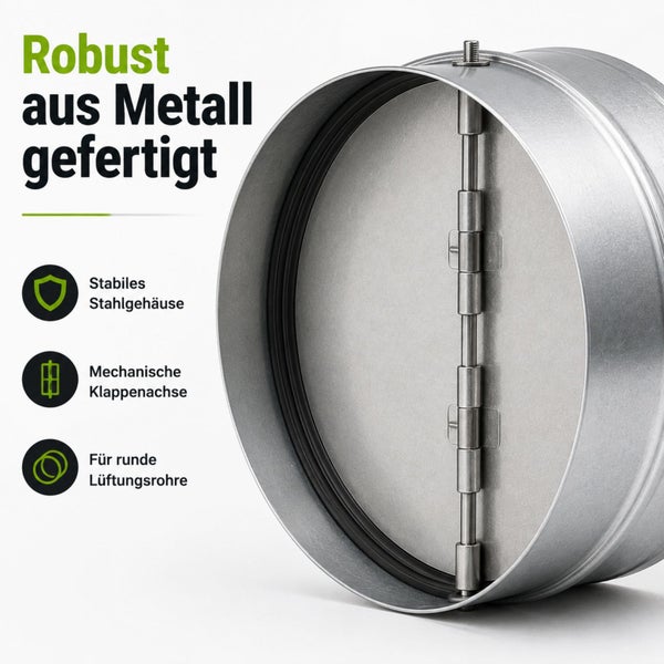 Rückstauklappe aus Metall für runde Lüftungsrohre mit stabilem Stahlgehäuse und mechanischer Klappenachse.