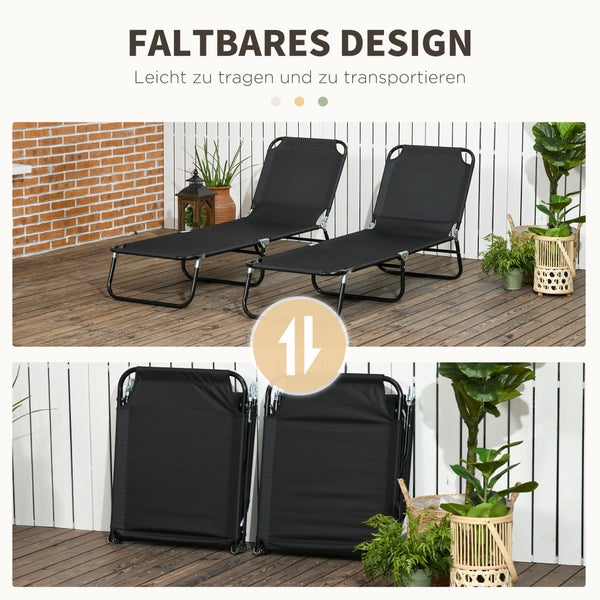 Zwei schwarze Gartenliegen aus Metall und Textilgewebe, klappbar und verstellbar.