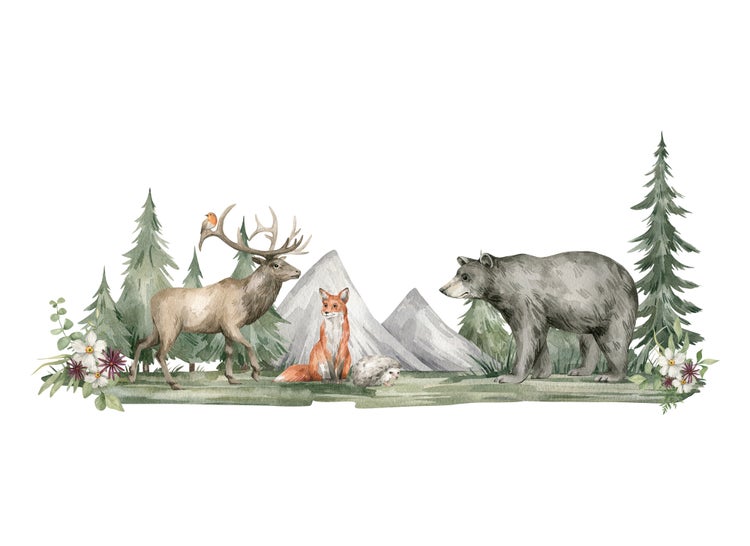 Wandtattoo Waldtiere im Aquarellstil mit Hirsch, Bär, Fuchs und Igel vor Bergkulisse und Tannen.
