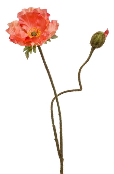 Künstliche Mohnblüte aus Textil mit gewellten Blütenblättern und gelben Staubgefäßen.