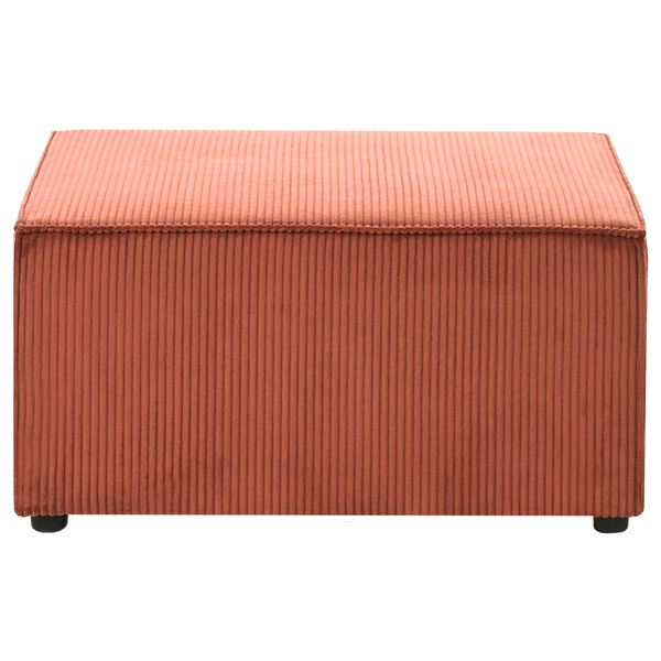 Rechteckiger Polsterhocker in Terrakotta mit Cord-Bezug und kleinen schwarzen Füßen.