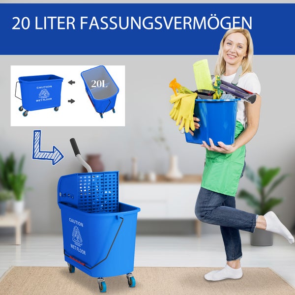 HOMCOM Putzwagen Reinigungswagen mit Wischmopp Presse 20 L Eimer mit Trennwand für Gebäudereinigung Hotel Blau