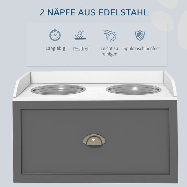 PawHut Hundenapf, 2 x 2L Futternapf, erhöhter Fressnapf mit Schublade, Edelstahlnapf, Futterstation für große Hunde, Grau