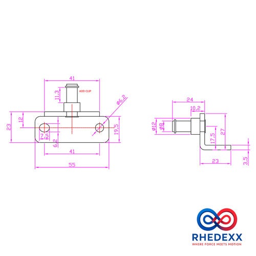 Technische Zeichnung eines Beschlags mit Maßangaben und RHEDEXX Logo.