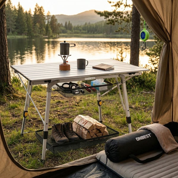 Klappbarer Campingtisch aus Aluminium mit Aufbewahrungsnetzen am See, darauf Gaskocher, Becher und Buch, darunter Wanderschuhe und Brennholz.