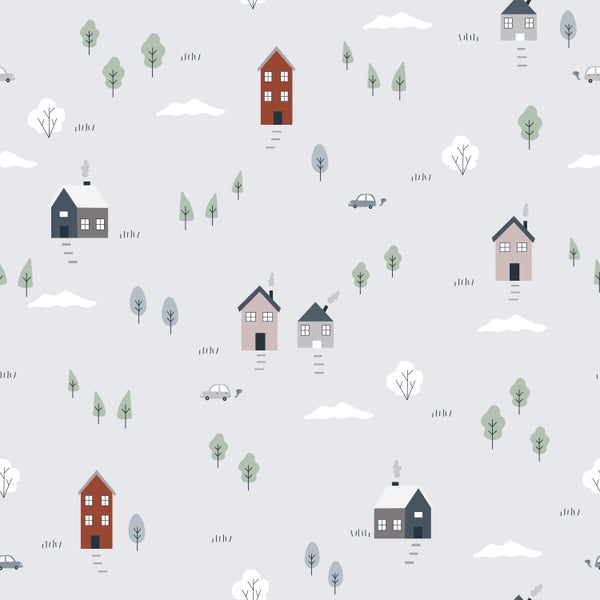 Vliestapete mit nahtlosem Muster aus kleinen Häusern, Bäumen und Autos in einem schlichten, illustrativen Design.