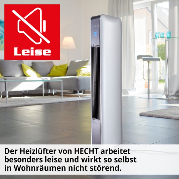 Raumszene mit einem Turmventilator und dem Symbol für niedrigen Geräuschpegel